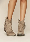 Brown Women's Western Boots — Melissa Block Heel Suede Ankle - Front Full Fringe