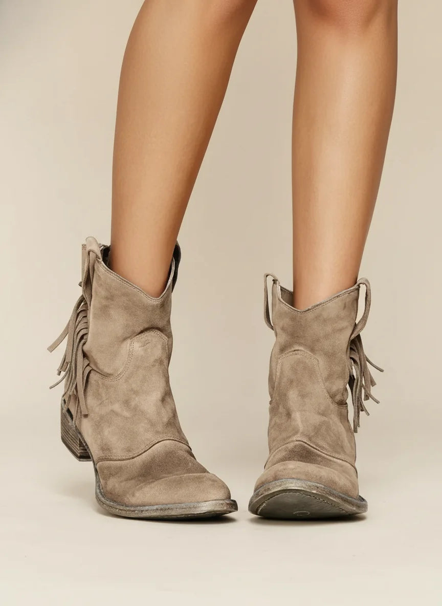 Brown Women's Western Boots — Melissa Block Heel Suede Ankle - Front Full Fringe