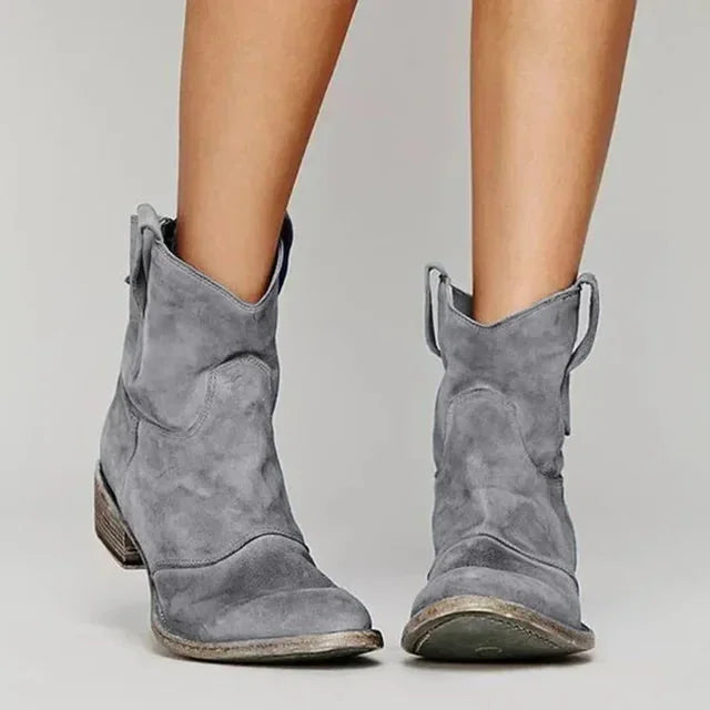 Gray Women's Western Boots — Melissa Block Heel Suede Ankle - Front Studio