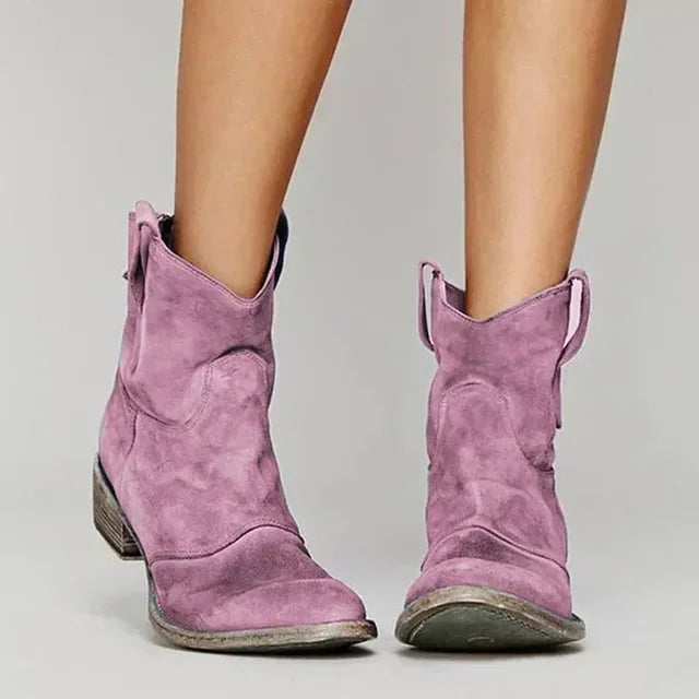 Pink Women's Western Boots — Melissa Block Heel Suede Ankle - Front View