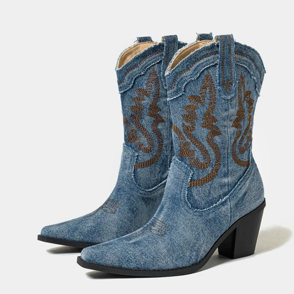 Denim Women's Embroidered Ankle Boots — Harriet Cushioned Stacked-Heel Pointed-Toe - Studio White Detail