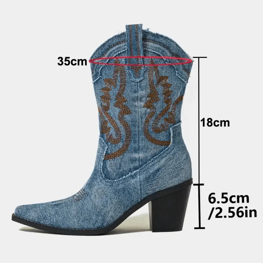 Sky Blue Women's Embroidered Ankle Boots — Harriet Cushioned Stacked-Heel Pointed-Toe - Measurement Diagram