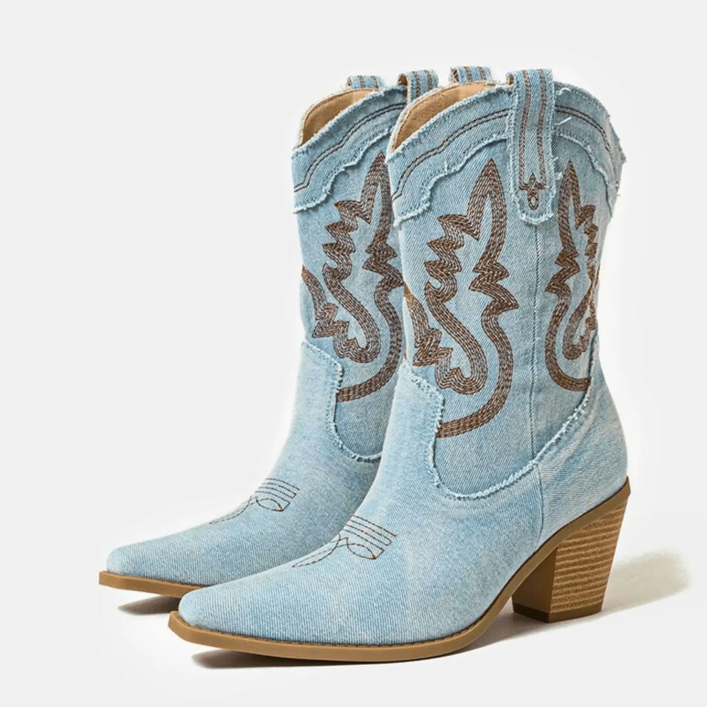 Sky Blue Women's Embroidered Ankle Boots — Harriet Cushioned Stacked-Heel Pointed-Toe - Studio White Pair