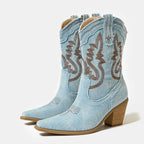 Sky Blue Women's Embroidered Ankle Boots — Harriet Cushioned Stacked-Heel Pointed-Toe - Studio White Pair