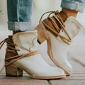 Beige Women's Lace-Up Western Boots — Hermione Block Heel Ankle Bootie - Front Worn Pose