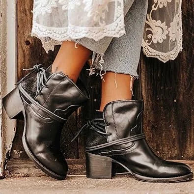 Black Women's Lace-Up Western Boots — Hermione Block Heel Ankle Bootie - Doorway Worn Pose