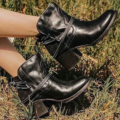 Black Women's Lace-Up Western Boots — Hermione Block Heel Ankle Bootie - Outdoor Grass Pose