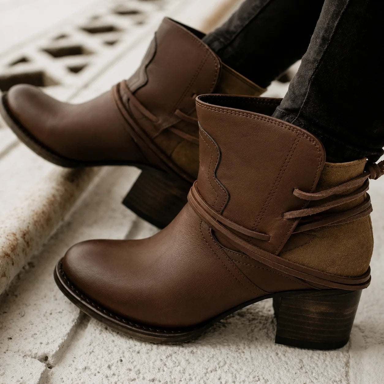 Brown Women's Lace-Up Western Boots — Hermione Block Heel Ankle Bootie - Close Up Detail