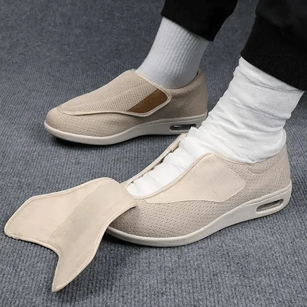 Beige Wide Fit Mesh Walking Shoes — Eliana Velcro Memory Foam Orthopedic - Worn Velcro Flap Open