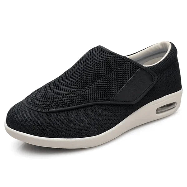 Black Wide Fit Mesh Walking Shoes — Eliana Velcro Memory Foam Orthopedic - Studio Side Profile