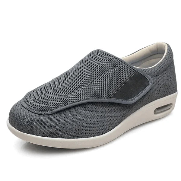Gray Wide Fit Mesh Walking Shoes — Eliana Velcro Memory Foam Orthopedic - Studio Front Angle