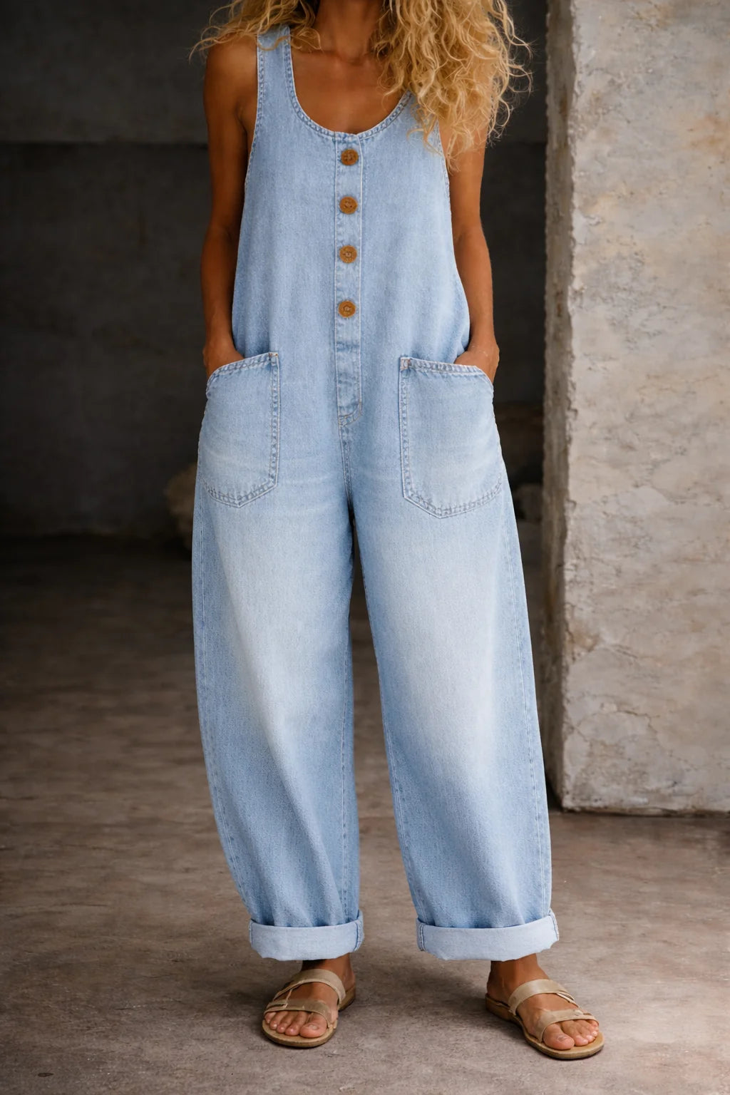 Light Blue Women's Wide-Leg Denim Overalls — Romy Relaxed-Fit Button-Front Pockets - Front Cropped