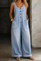 Light Blue Women's Wide-Leg Denim Overalls - Front Full