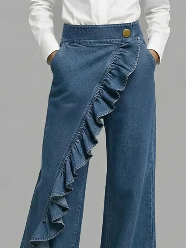 Blue Women's Wide Leg Jeans — Cami Relaxed-Fit Ruffle High-Waisted - Close Up Ruffle Detail