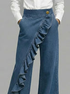 Blue Women's Wide Leg Jeans — Cami Relaxed-Fit Ruffle High-Waisted - Close Up Ruffle Detail