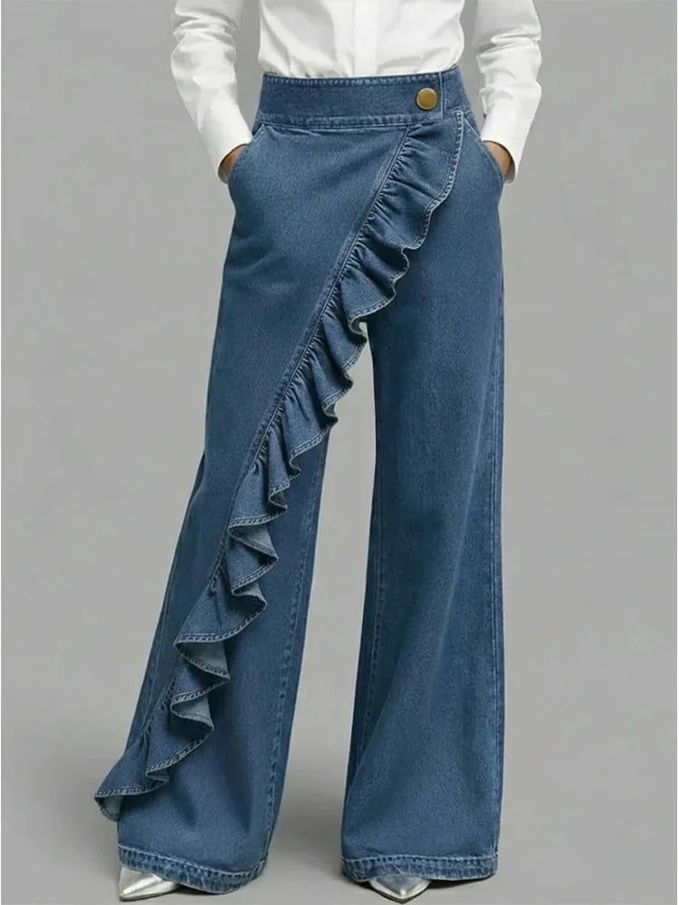 Blue Women's Wide Leg Jeans — Cami Relaxed-Fit Ruffle High-Waisted - Front Full