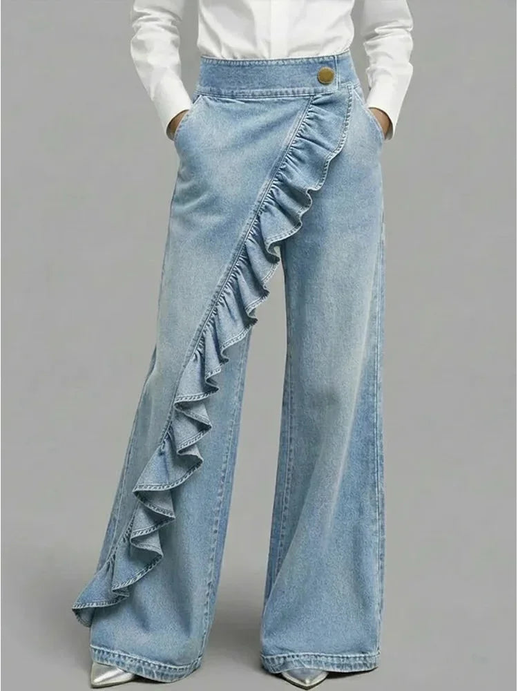 Light Blue Women's Wide Leg Jeans — Cami Relaxed-Fit Ruffle High-Waisted - Front Full Alt