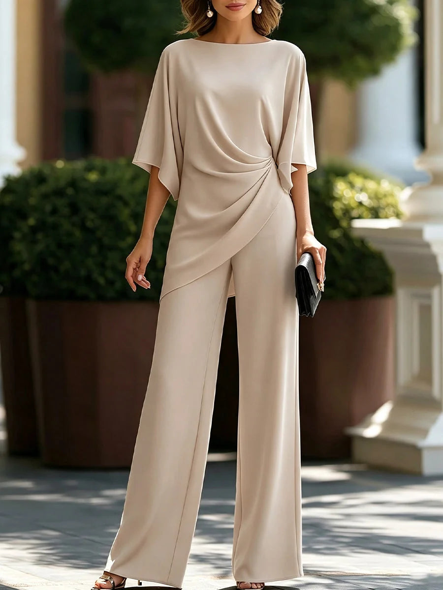 Beige Women's Wide-Leg Two Piece Set — Simone Asymmetric Hem Batwing Sleeve - Front Full Planters Neutral
