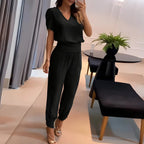 Black Women's V-Neck Wide-Leg Two Piece Set — Abbie Stretchy Relaxed-Fit Jogger - Full Length Pose