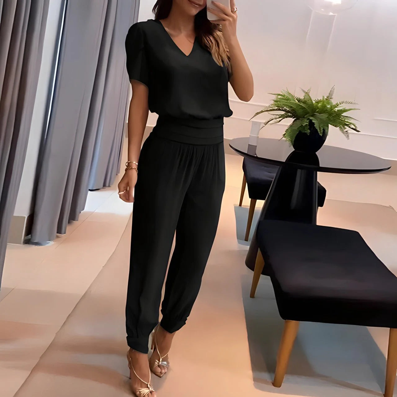 Black Women's V-Neck Wide-Leg Two Piece Set — Abbie Stretchy Relaxed-Fit Jogger - Full Length Pose