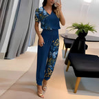 Blue Women's V-Neck Wide-Leg Two Piece Set — Abbie Stretchy Relaxed-Fit Jogger - Front Pose