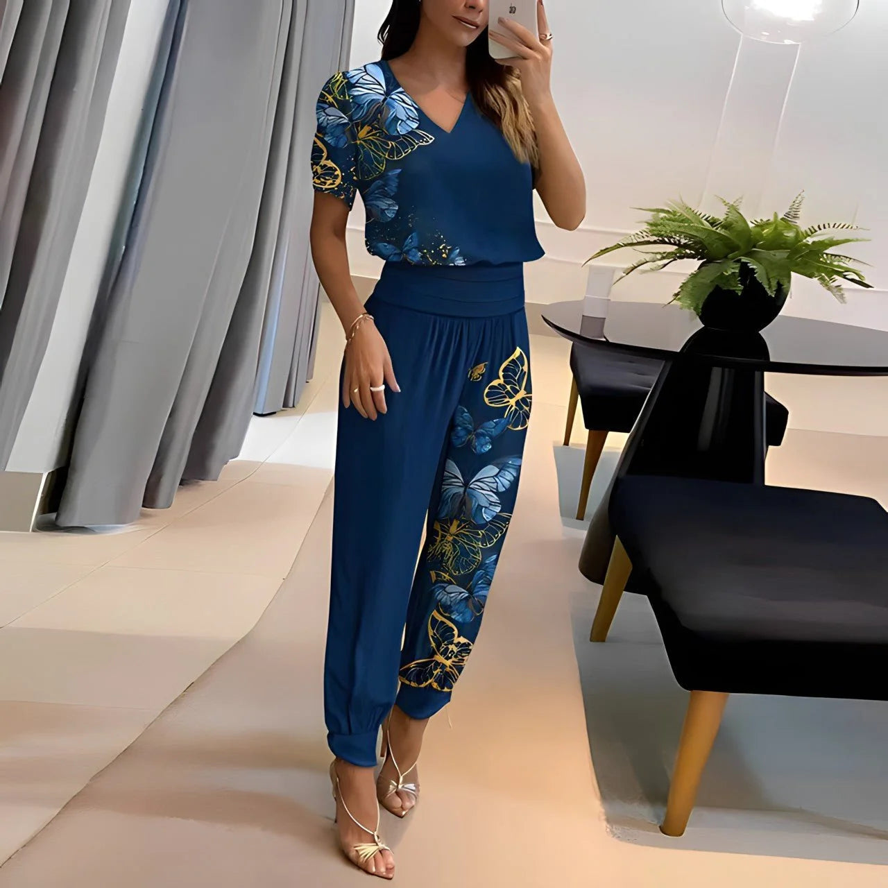 Blue Women's V-Neck Wide-Leg Two Piece Set — Abbie Stretchy Relaxed-Fit Jogger - Front Pose