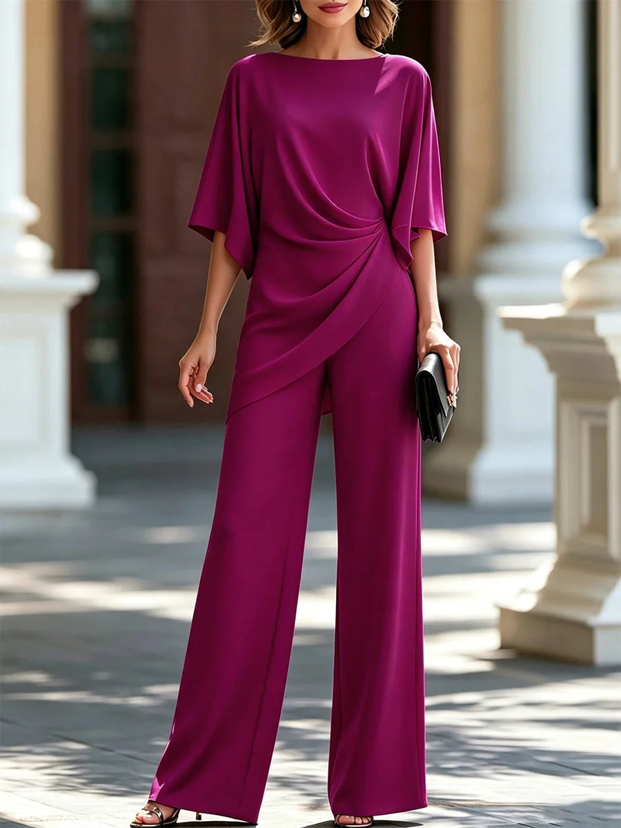 Fuchsia Women's Wide-Leg Two Piece Set — Simone Asymmetric Hem Batwing Sleeve - Front Full Pillars Magenta