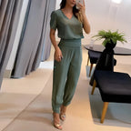 Green Women's V-Neck Wide-Leg Two Piece Set — Abbie Stretchy Relaxed-Fit Jogger - Walking Pose