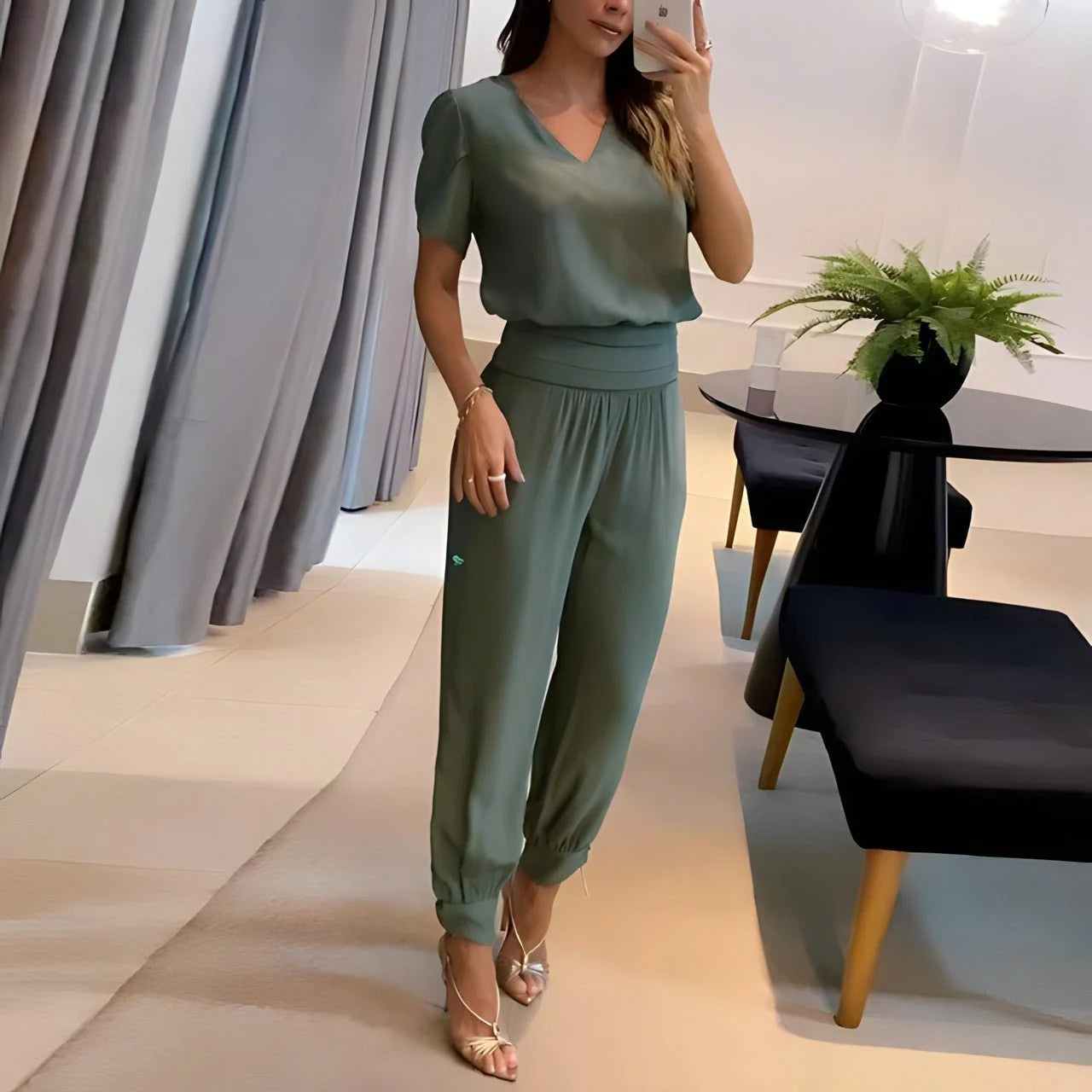 Green Women's V-Neck Wide-Leg Two Piece Set — Abbie Stretchy Relaxed-Fit Jogger - Walking Pose
