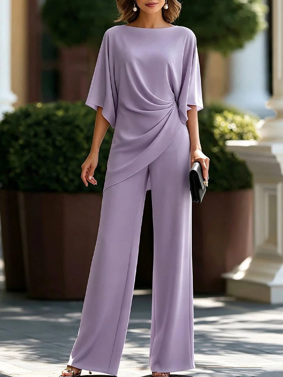 Lavender Women's Wide-Leg Two Piece Set — Simone Asymmetric Hem Batwing Sleeve - Front Full Planters Purple