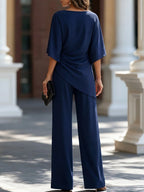 Navy Blue Women's Wide-Leg Two Piece Set — Simone Asymmetric Hem Batwing Sleeve - Back Full Street