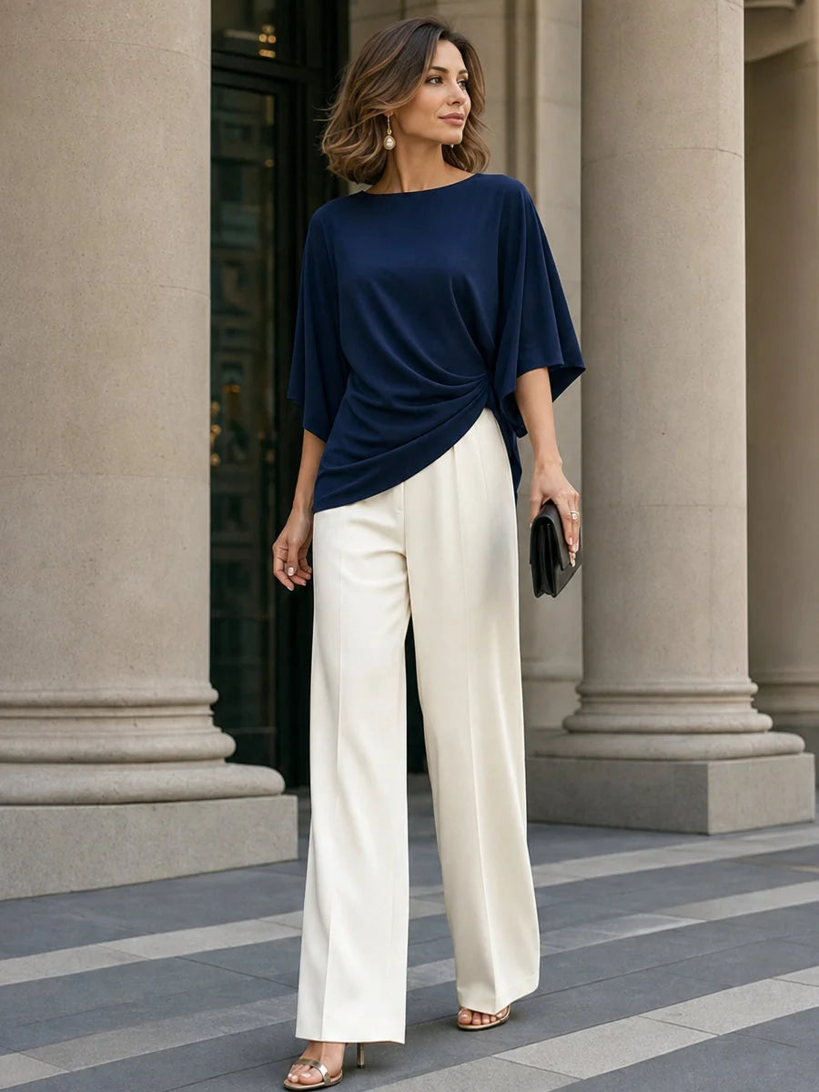 Navy Blue Women's Wide-Leg Two Piece Set — Simone Asymmetric Hem Batwing Sleeve - Front Full Mixed Cream Pants