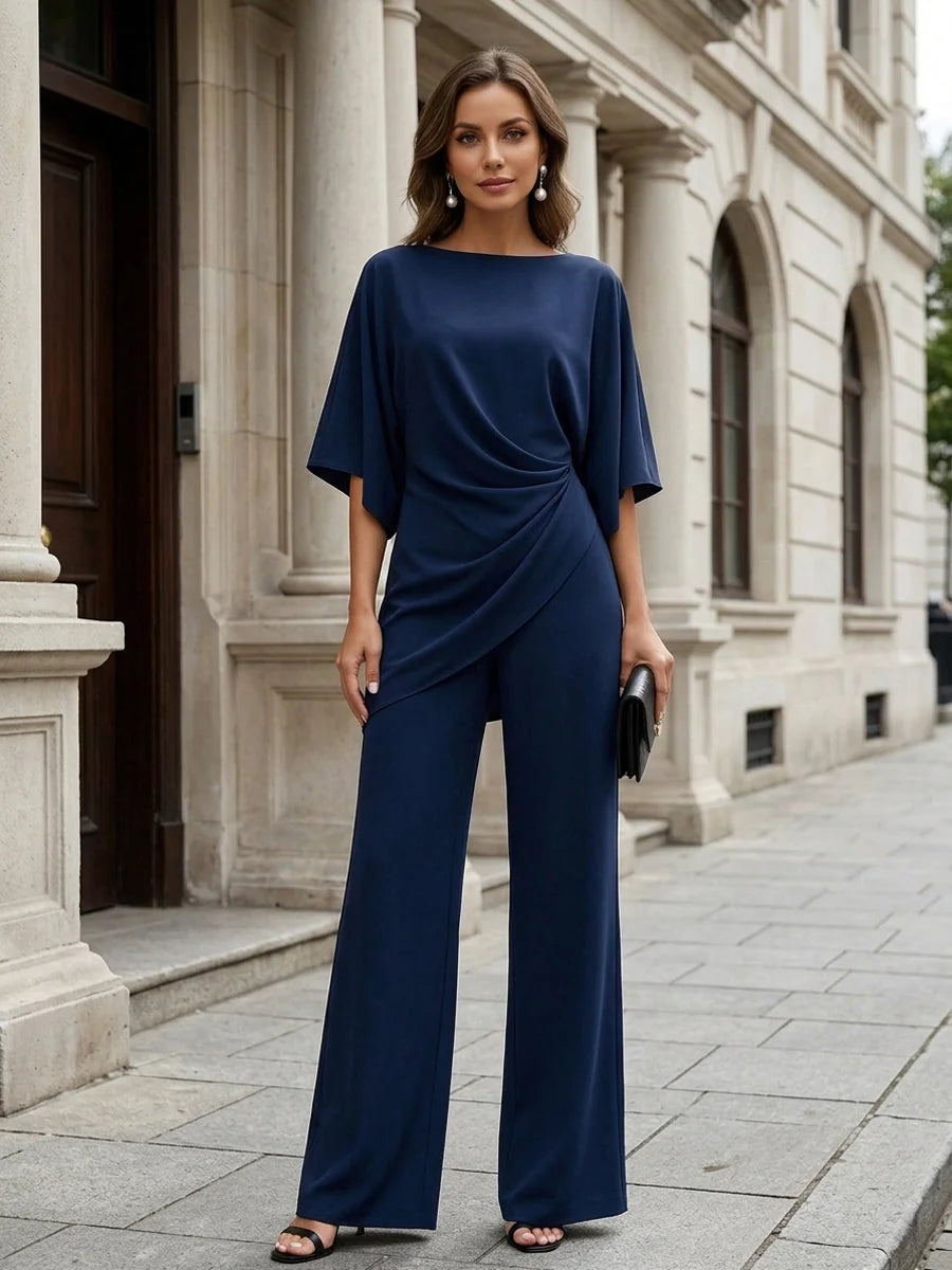 Navy Blue Women's Wide-Leg Two Piece Set — Simone Asymmetric Hem Batwing Sleeve - Front Full Standing