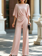 Pink Women's Wide-Leg Two Piece Set — Simone Asymmetric Hem Batwing Sleeve - Front Full Pillars Blush