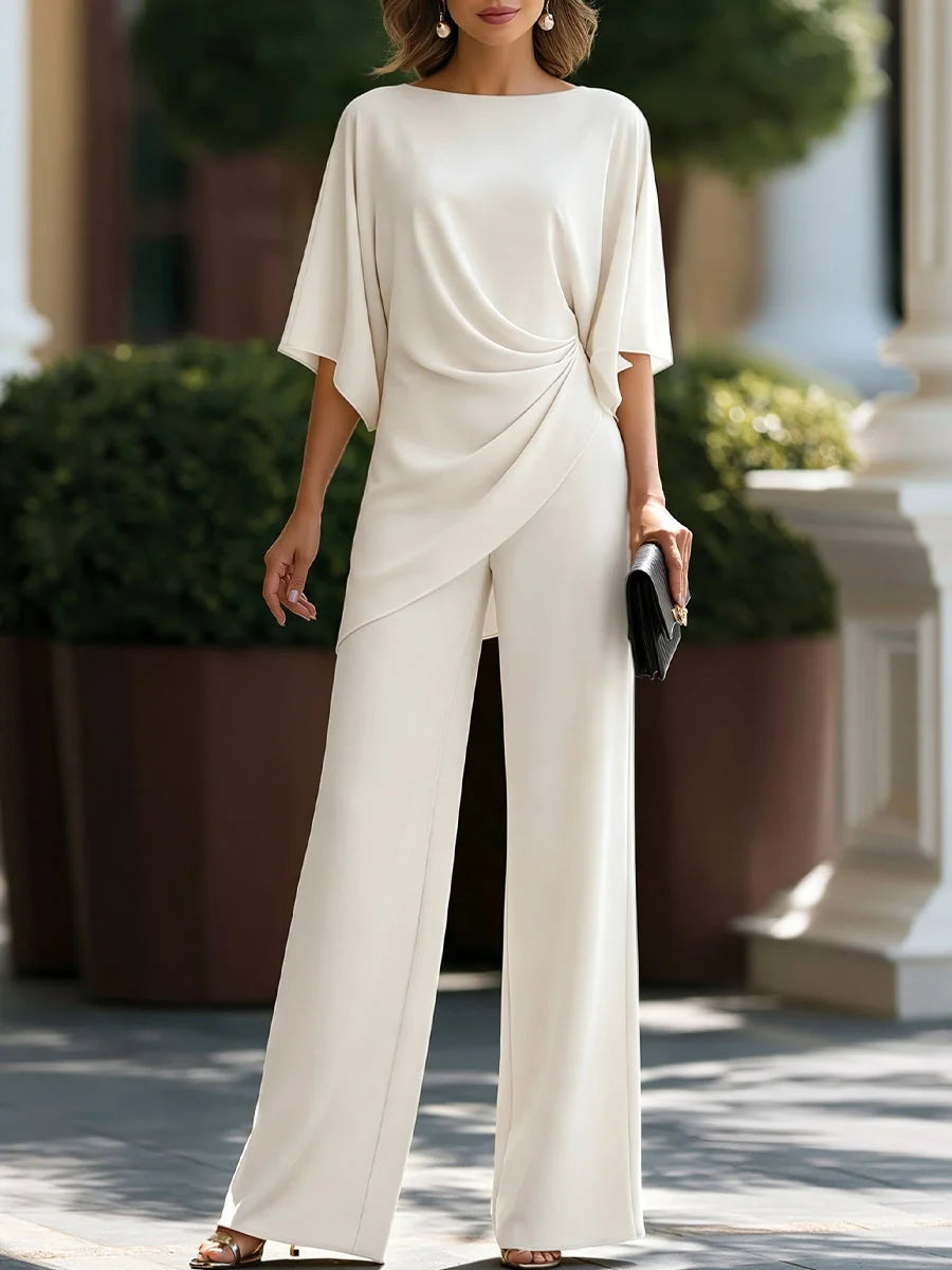 White Women's Wide-Leg Two Piece Set — Simone Asymmetric Hem Batwing Sleeve - Front Full Planters Cream