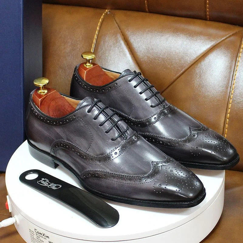 Gray Men's Oxford Shoes — Hunter Lace-Up Wingtip Leather Brogues - Side Pair On Stand