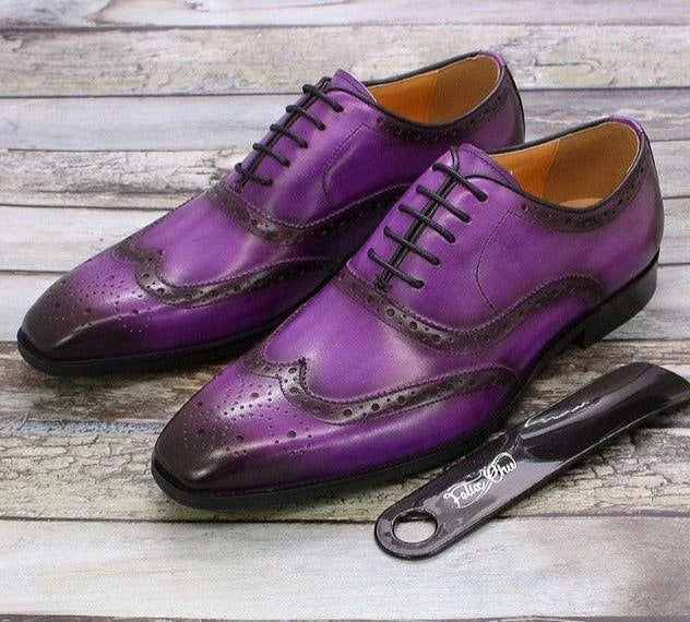 Purple Men's Oxford Shoes — Hunter Lace-Up Wingtip Leather Brogues - Front Pair Wood Floor