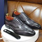 Gray Men's Leather Wingtip Oxford Shoes — Levi Cushioned Lace-Up Brogue - Turntable Detail