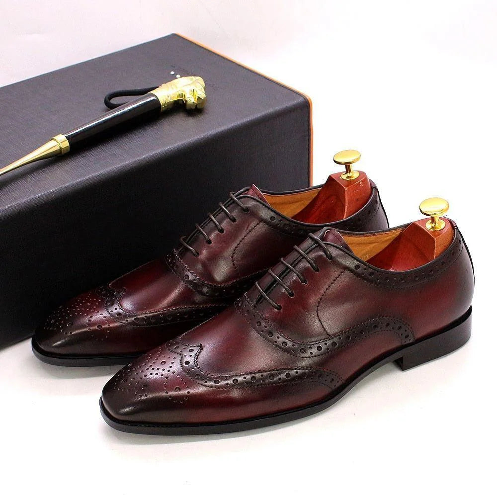 Red Men's Leather Wingtip Oxford Shoes — Levi Cushioned Lace-Up Brogue - Gift Box Pair