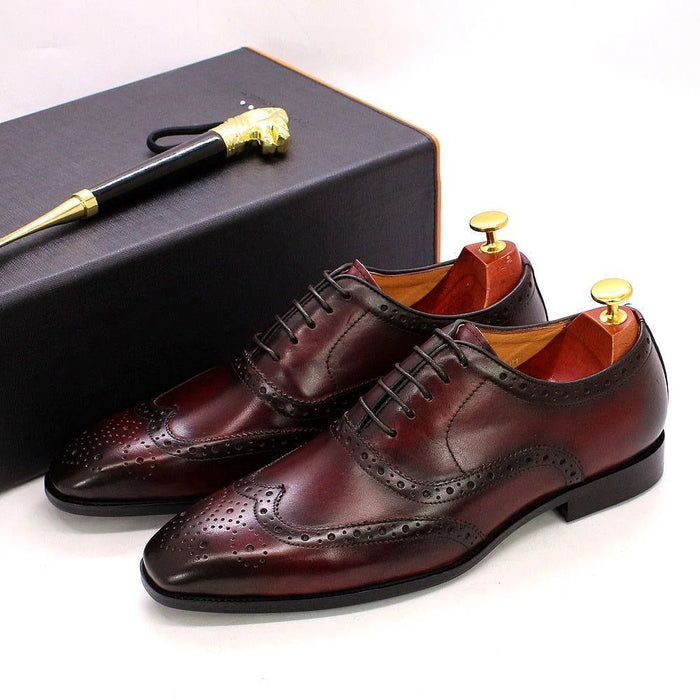 Red Men's Leather Wingtip Oxford Shoes — Levi Cushioned Lace-Up Brogue - Gift Box Pair