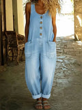 Light Blue Blue Women's Ladies Denim Overalls — Delaney Button-Front Wide-Leg Pockets