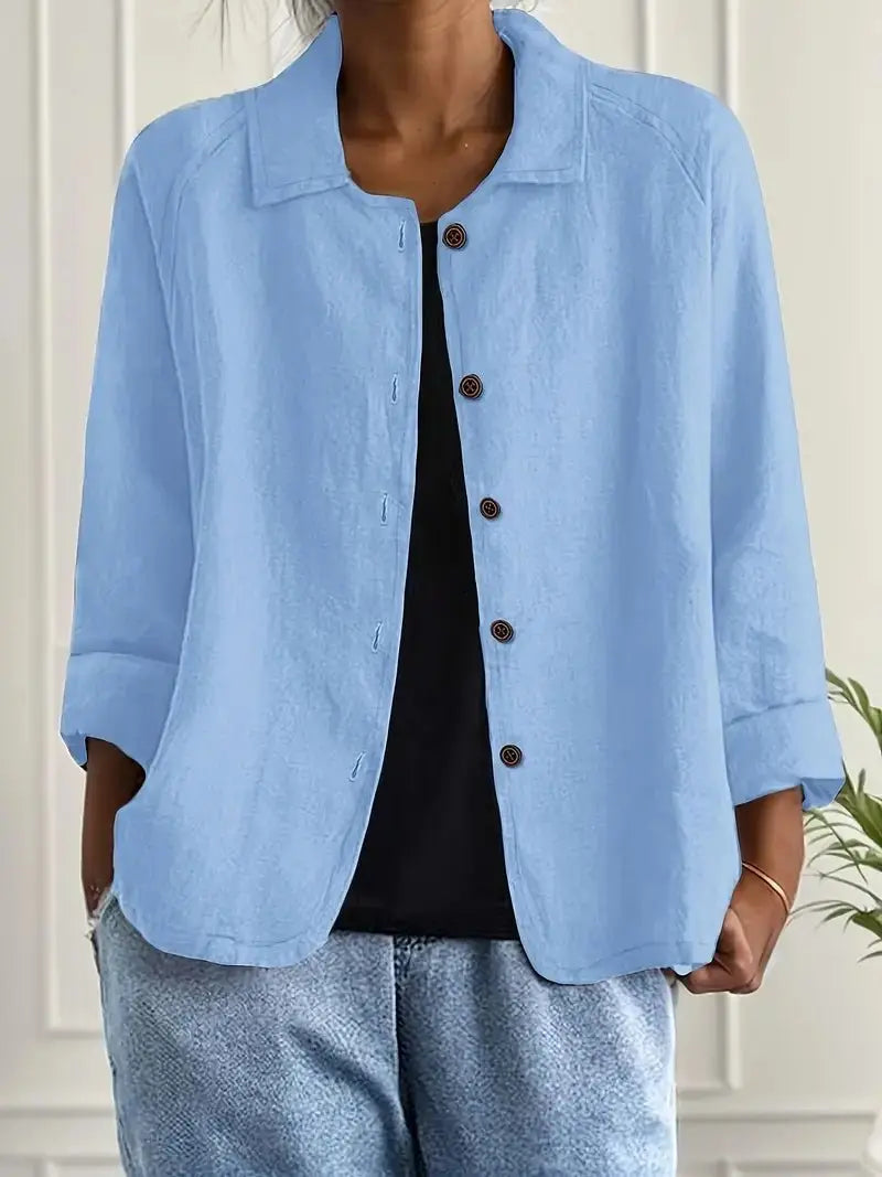 Light Blue Women's Lightweight Linen Blazer — Rose Button-Front Rolled-Sleeve Relaxed