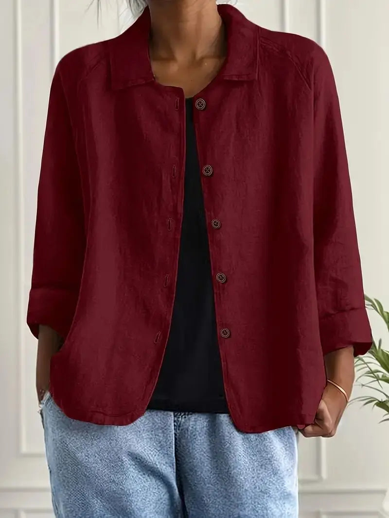 Crimson Women's Lightweight Linen Blazer — Rose Button-Front Rolled-Sleeve Relaxed