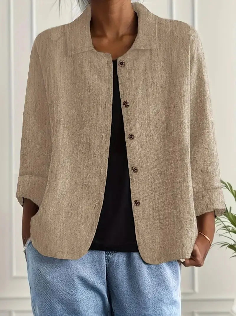 Khaki Women's Lightweight Linen Blazer — Rose Button-Front Rolled-Sleeve Relaxed