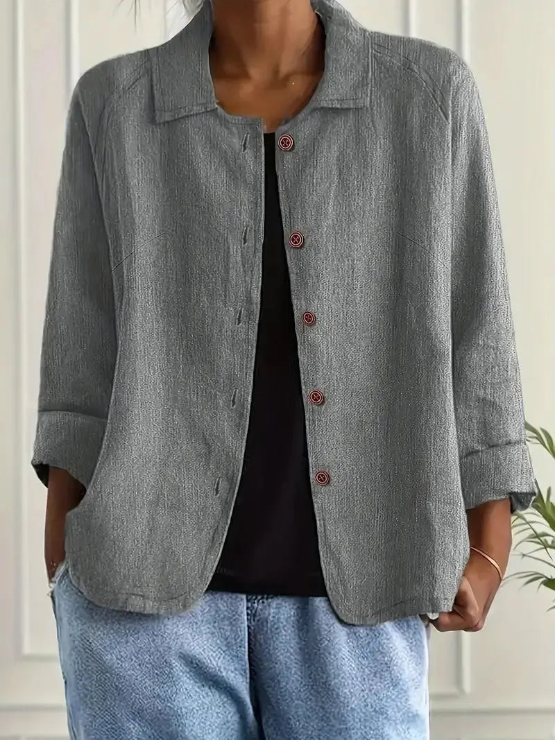 Light Gray Women's Lightweight Linen Blazer — Rose Button-Front Rolled-Sleeve Relaxed