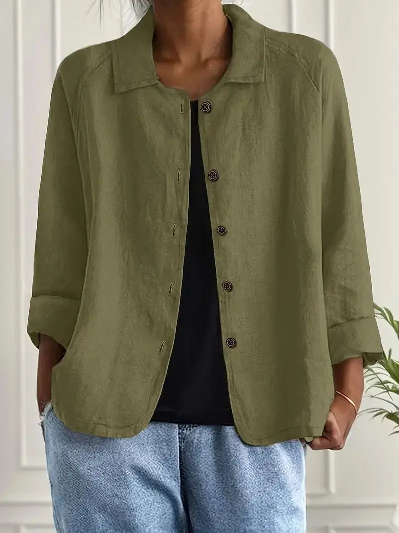 Olive Women's Lightweight Linen Blazer — Rose Button-Front Rolled-Sleeve Relaxed