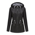 Black Women's Rain Jacket With Hood - Front Flat Lay