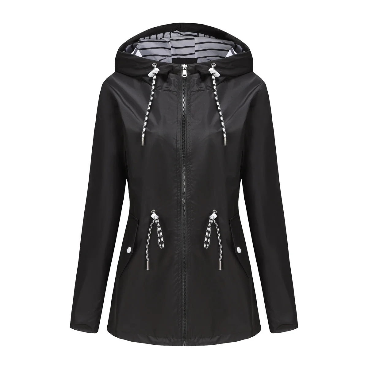Black Women's Rain Jacket With Hood — Molly Waterproof Drawstring Zip-Up - Front Flat Lay