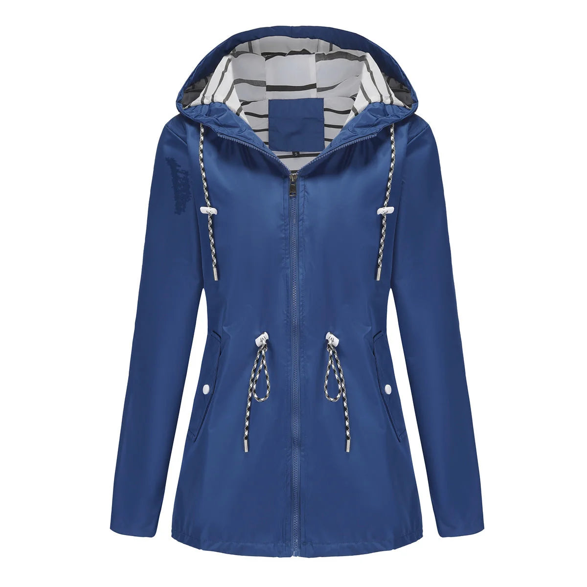 Blue Women's Rain Jacket With Hood — Molly Waterproof Drawstring Zip-Up - Front Flat Lay