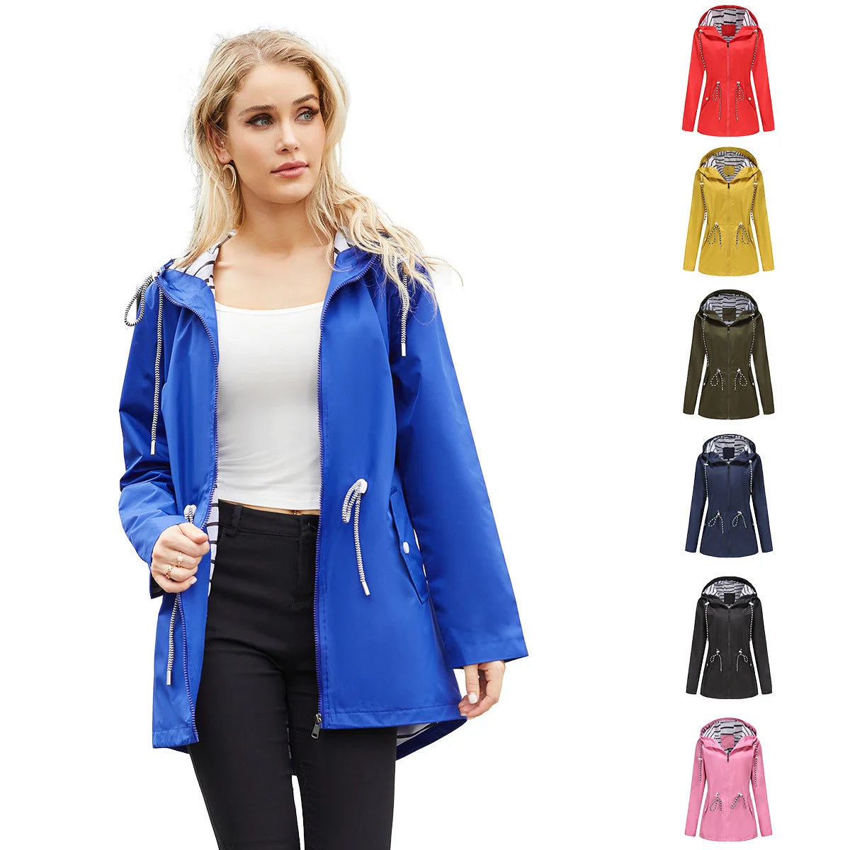 Blue Women's Rain Jacket With Hood — Molly Waterproof Drawstring Zip-Up - Front Full Worn